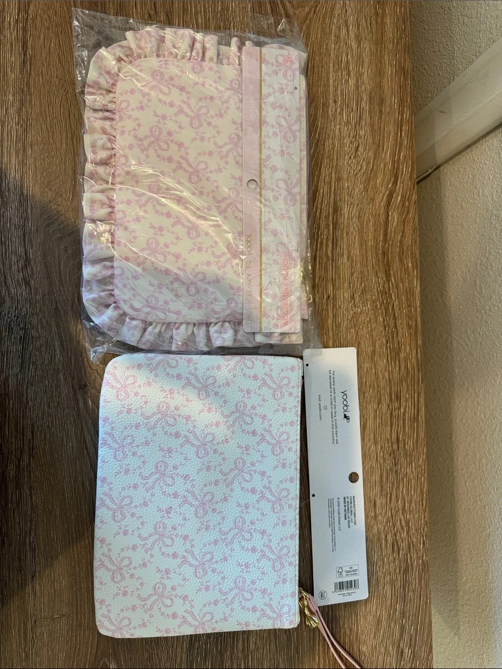 Loveshackfancy x target pencil cases white and pink bows. Leather and cloth.